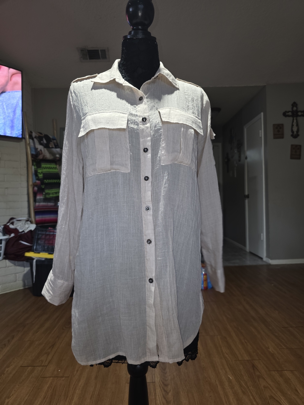 Women's Cream Lightweight Button-Down Shirt